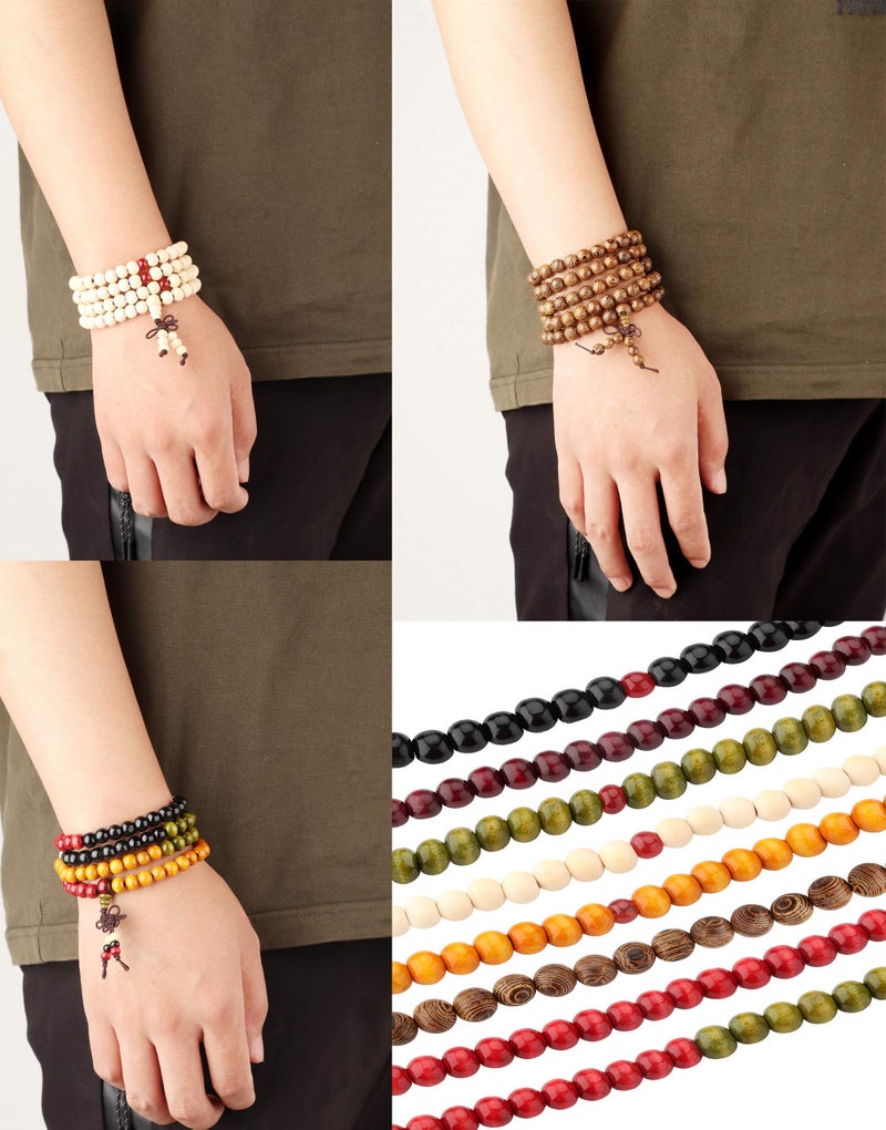 LOYALLOOK 8Pcs 108 Mala Bead Bracelets 8MM Tibetan Buddha Wood Beaded Sandalwood Link Wrist Necklace Chain Bracelets Multilayer Buddhist Prayer Strand Bracelet Meditation Necklace Elastic Chinese Knot - Image 5